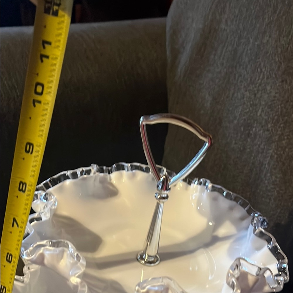 Fenton White Two-Tier Ruffled Stand Silver Crest - Picture 6 of 6